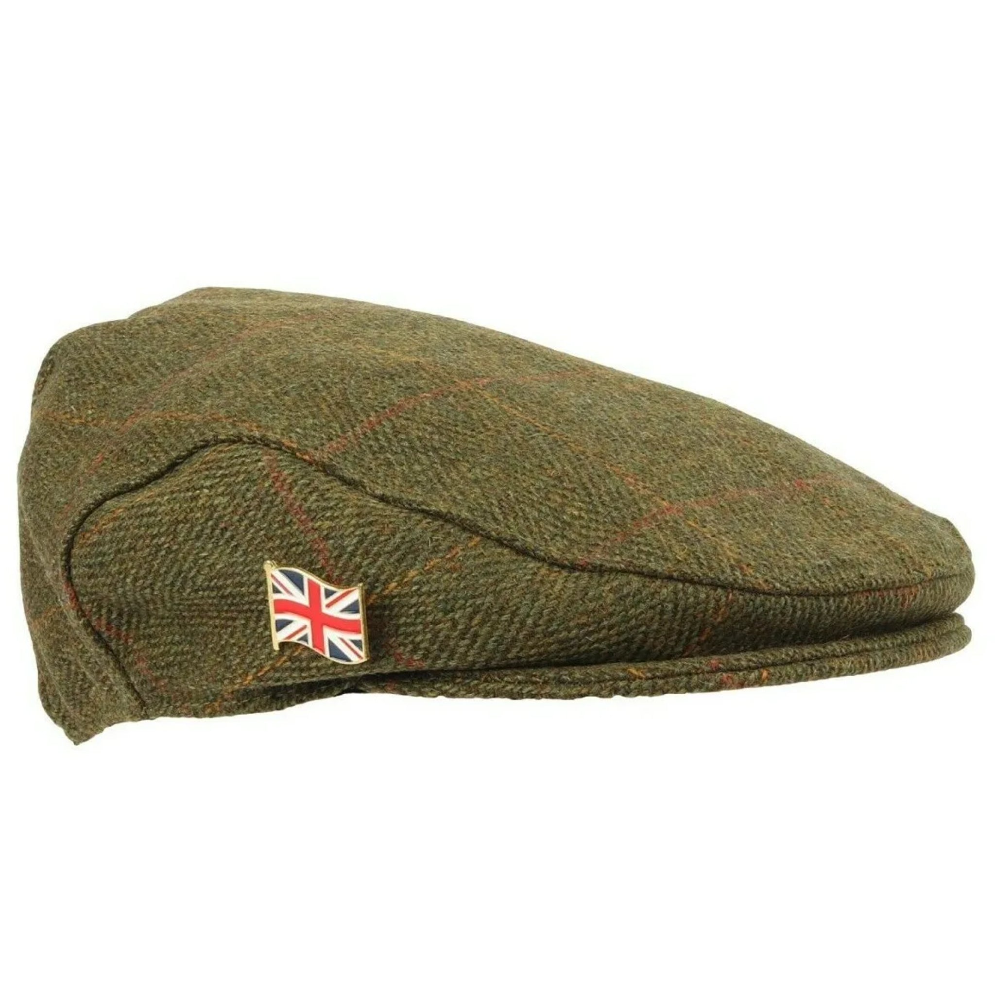 Men's Nicky Adams waterproof tweed flat cap in green with Union Jack pin badge, traditional British country style hat
